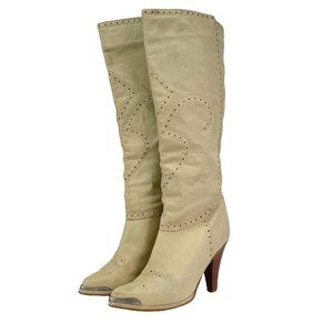 Vintage 70s 80s Zodiac Western Boot Womens Size 8 Cream Ivory High Heel Mid Calf